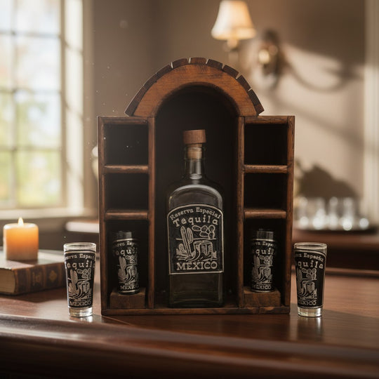 The Talavera Hub Mexican Tequila Decanter Set with 6 shot glasses in a rustic wooden display with carved arch.