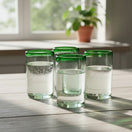 The Talavera Hub hand-blown Mexican tumbler glasses with clear glass bodies and emerald green rims. Set of 4.