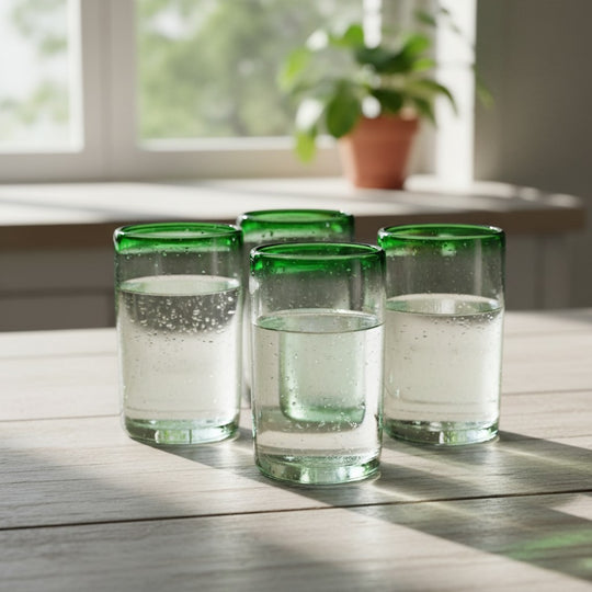 The Talavera Hub hand-blown Mexican tumbler glasses with clear glass bodies and emerald green rims. Set of 4.