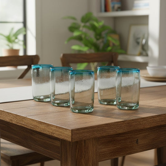 The Talavera Hub hand-blown Mexican tumbler glasses with clear bodies and teal rims, 5" tall, sold as a set.
