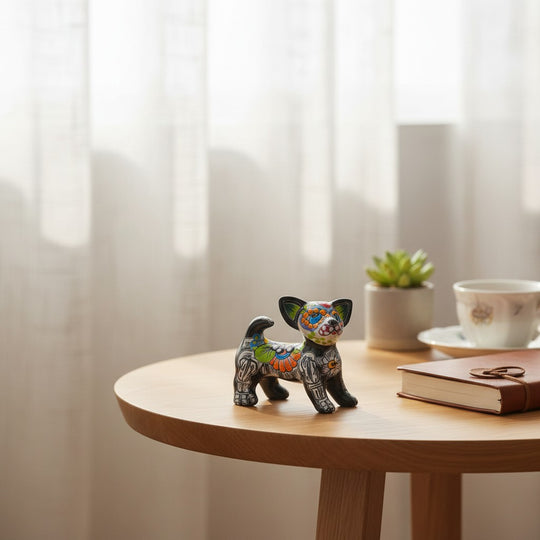 The Talavera Hub Mini Chihuahua Figurine, black with colorful Day of the Dead floral and skeleton motifs.