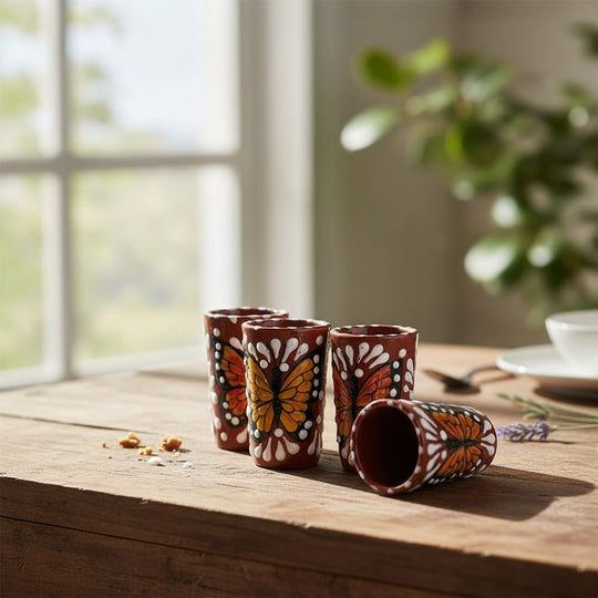 The Talavera Hub handcrafted Mexican shot glasses with vibrant monarch butterfly patterns on a rustic wooden table.