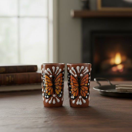 The Talavera Hub handcrafted ceramic shot glasses featuring vibrant orange and black monarch butterfly motifs.