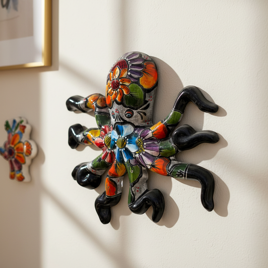 The Talavera Hub large handmade octopus wall art, hand-painted with vibrant floral Talavera designs on black glaze.