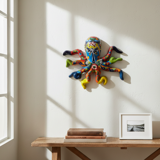 The Talavera Hub large handmade octopus wall art, hand-painted Talavera ceramic with vibrant floral and geometric patterns in blue, red, yellow, green, and orange.