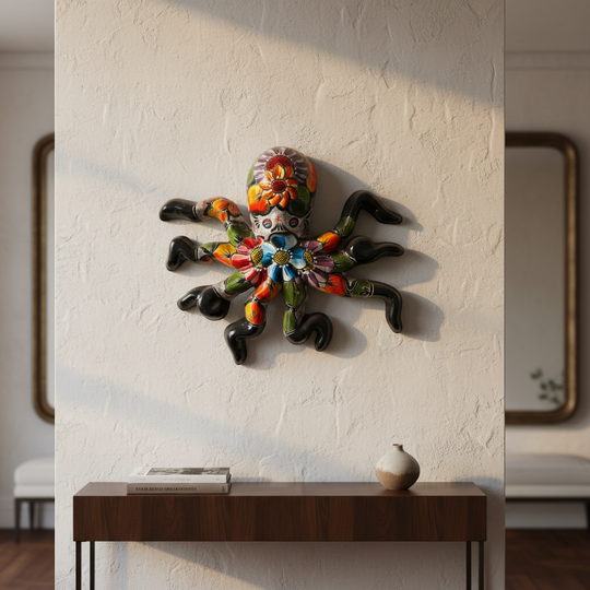 The Talavera Hub large handmade octopus wall art, hand-painted with vibrant floral Talavera designs in red, orange, blue, and purple.