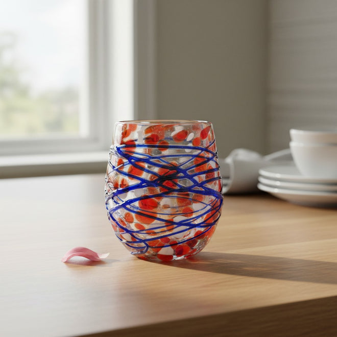 The Talavera Hub hand-blown stemless wine glass with orange and blue swirl pattern, made from recycled glass.