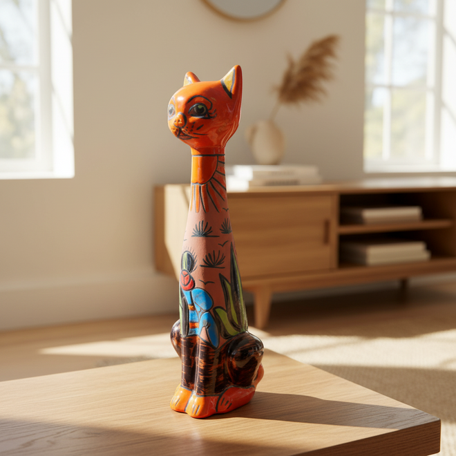 The Talavera Hub orange terracotta cat statue with desert design, hand-painted ceramic, 19.5 inches tall.