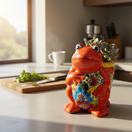The Talavera Hub orange ceramic frog planter with hand-painted floral details and yellow accents, suitable for indoor/outdoor use.
