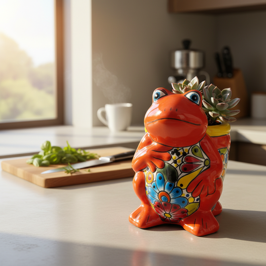 The Talavera Hub orange ceramic frog planter with hand-painted floral details and yellow accents, suitable for indoor/outdoor use.
