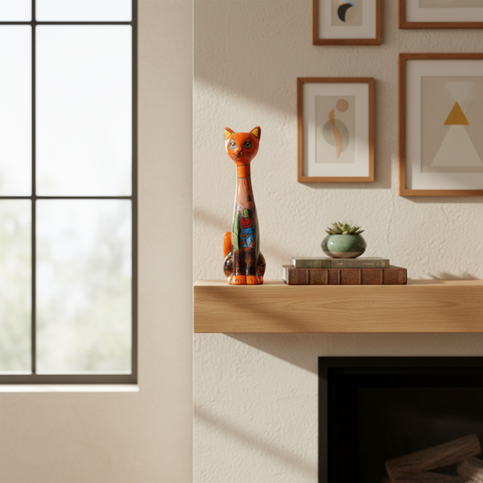 The Talavera Hub orange ceramic cat statue with desert design, cacti, and sun motifs. Handcrafted Mexican folk art.