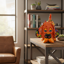 The Talavera Hub orange ceramic dog statue with colorful hand-painted floral designs on ears and tail.