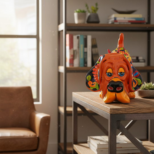 The Talavera Hub orange ceramic dog statue with colorful hand-painted floral designs on ears and tail.
