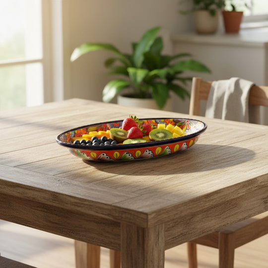 The Talavera Hub oval ceramic serving platter with cobalt-blue rim and vibrant hand-painted floral motifs on wood table