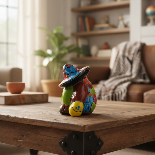 The Talavera Hub handmade Mexican pottery Panchito figurine with vibrant hand-painted patterns on a wooden table.
