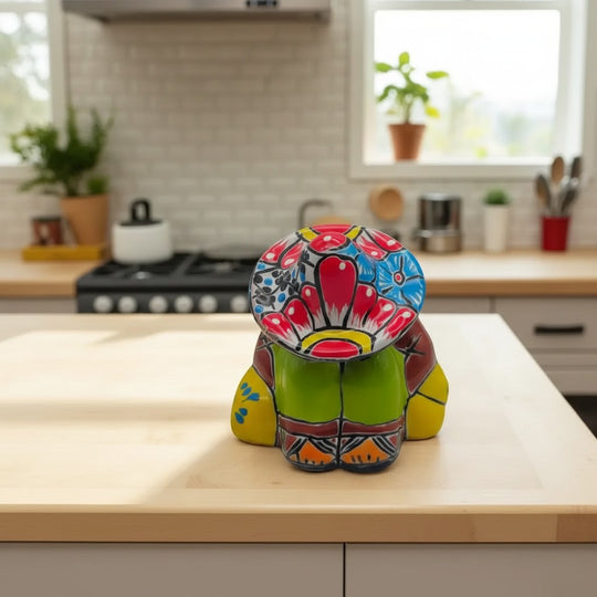 The Talavera Hub handmade Mexican pottery Panchito figurine featuring colorful hand-painted patterns on a kitchen counter