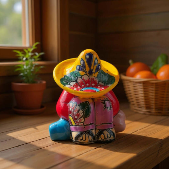 The Talavera Hub handmade Talavera Panchito figurine featuring a sleeping man in a vibrant hand-painted sombrero.