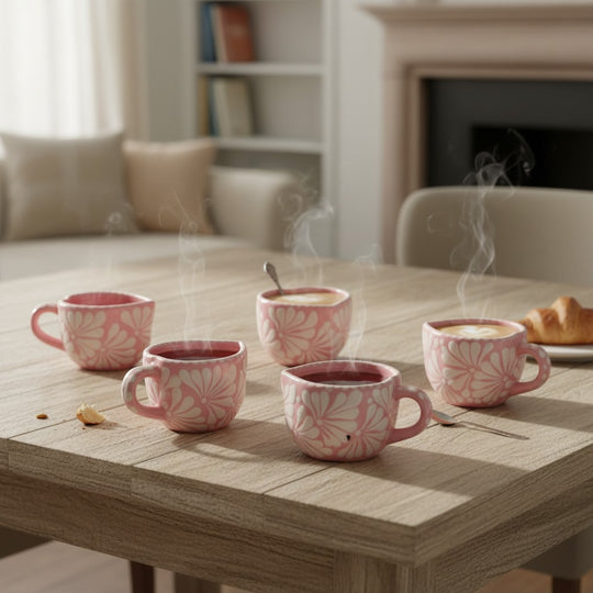 The Talavera Hub set of four hand-painted pink ceramic mugs with white floral patterns on a wooden dining table.