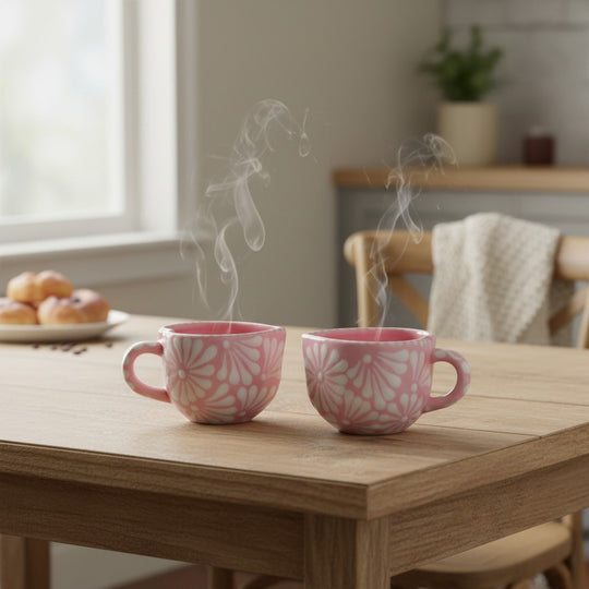The Talavera Hub hand-painted pink ceramic mugs with white floral patterns steaming on a wooden kitchen table.