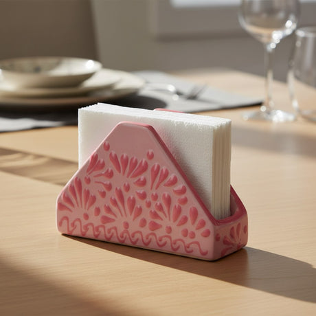 The Talavera Hub pink ceramic napkin holder with a floral glazed design. Holds white paper napkins.