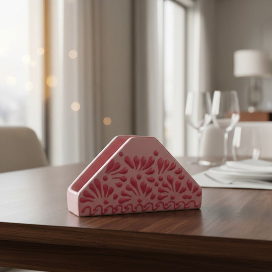 The Talavera Hub pink ceramic napkin holder with a raised pink floral glazed design. Handmade in Mexico.