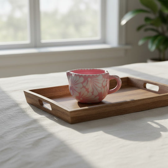The Talavera Hub pink hand-painted ceramic heart mug with white floral patterns sitting on a wooden tray.