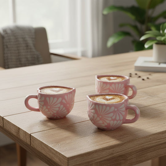The Talavera Hub hand-painted pink ceramic Talavera heart mugs with white floral patterns on a wooden table.