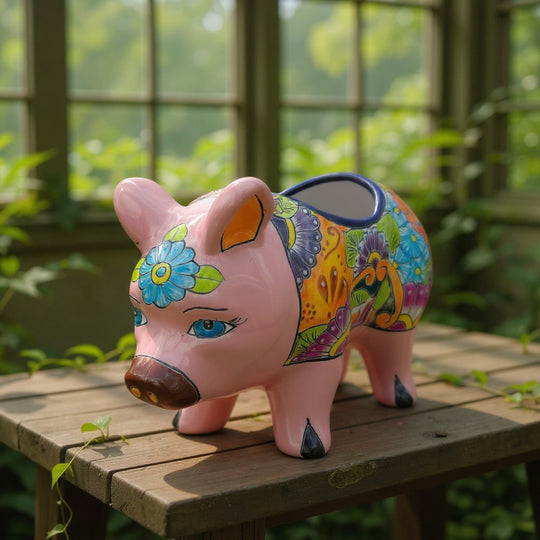 The Talavera Hub pink ceramic pig planter with hand-painted floral folk art designs sitting on a wooden garden table.