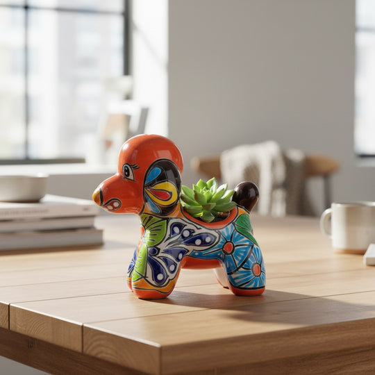 The Talavera Hub handcrafted ceramic poodle planter in vibrant orange, blue, and green floral folk-art patterns.