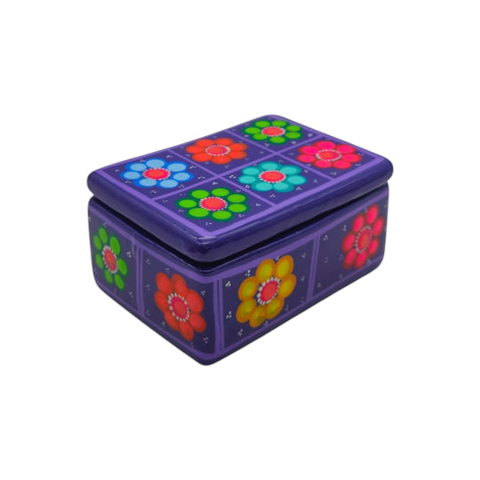 The Talavera Hub handmade purple ceramic jewelry box with vibrant hand-painted floral patterns.
