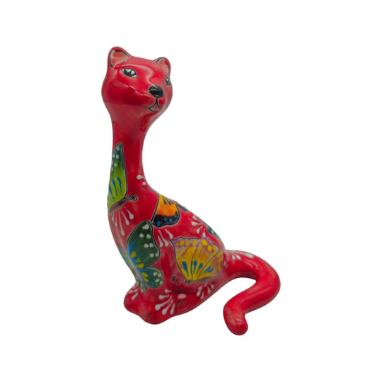 The Talavera Hub red ceramic cat figurine with hand-painted butterfly and floral patterns, 10 inches tall.