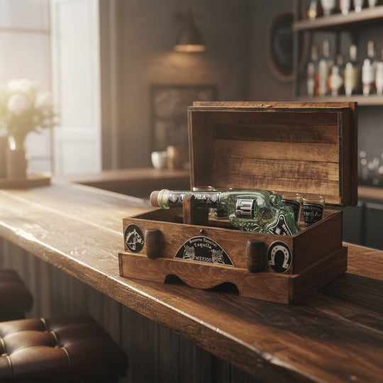 The Talavera Hub Handblown Mexican Revolver Decanter Set with six shot glasses in a wooden chest display. Clear glass decanter shaped like a revolver with "Tequila" label.