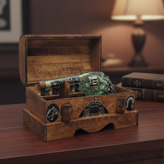 The Talavera Hub handblown Mexican revolver decanter set in a rustic wooden chest with six shot glasses. Clear glass with etched details.