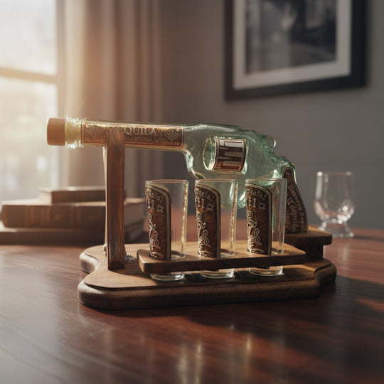 The Talavera Hub handblown Mexican shot glass set features a clear glass revolver decanter and six shot glasses on a wooden stand.
