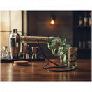 The Talavera Hub Mexican Revolver Tequila Decanter Set with double shot glasses on a black metal stand. Clear glass.