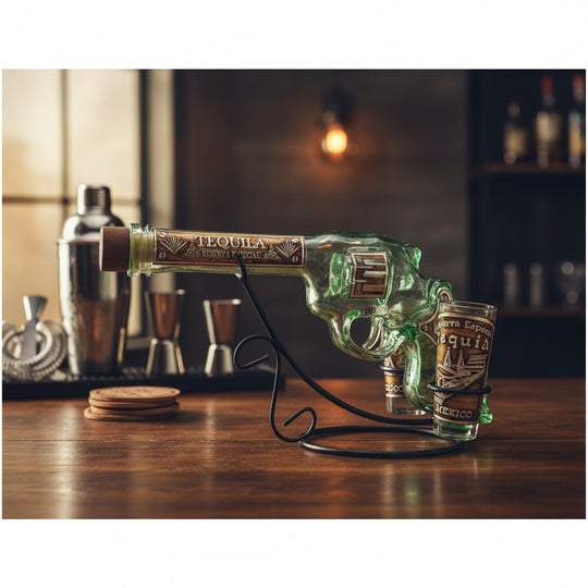 The Talavera Hub Mexican Revolver Tequila Decanter Set with double shot glasses on a black metal stand. Clear glass.