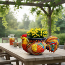 The Talavera Hub handcrafted ceramic rooster planter, hand-painted with vibrant red, yellow, blue, and green Talavera patterns.