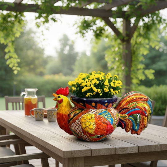 The Talavera Hub handcrafted ceramic rooster planter, hand-painted with vibrant red, yellow, blue, and green Talavera patterns.