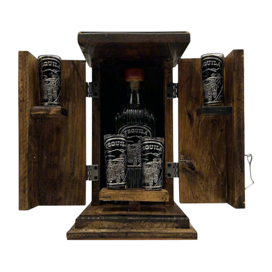 The Talavera Hub rustic wood box with handblown shot glasses and tequila decanter. Features decorative etched designs.