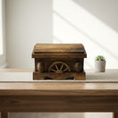 The Talavera Hub rustic wooden chest shaped box for shot glass and decanter set, featuring carved barrel and wagon wheel details.
