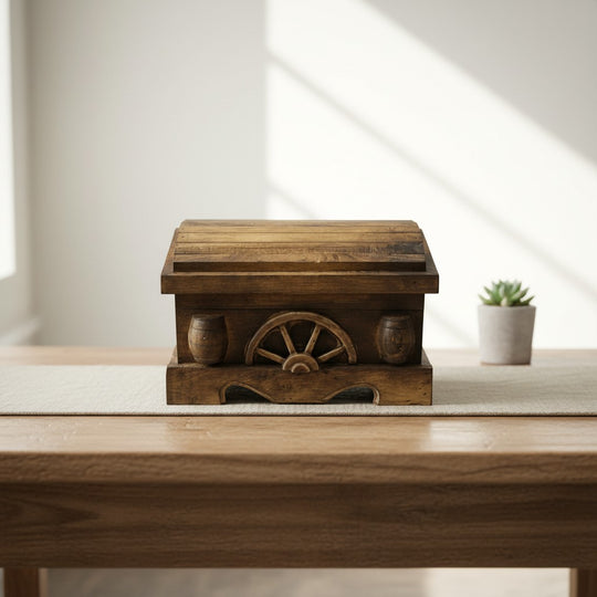 The Talavera Hub rustic wooden chest shaped box for shot glass and decanter set, featuring carved barrel and wagon wheel details.