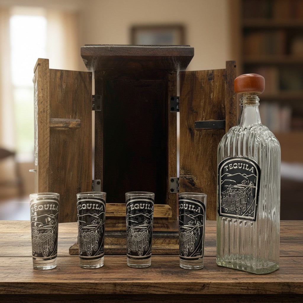 Handmade Mexican Shot Glass and Decanter Set in Rustic Box