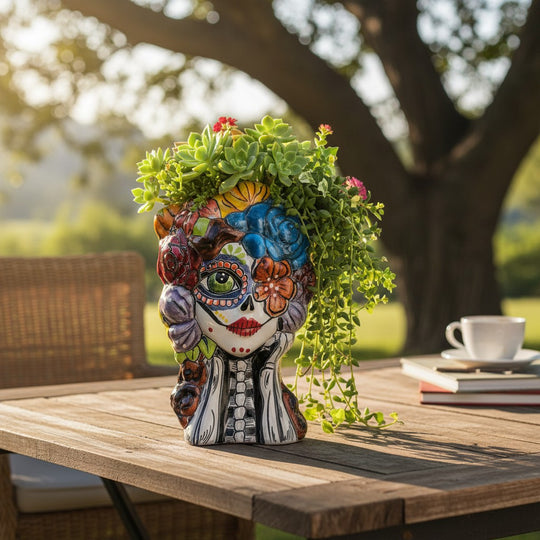 The Talavera Hub hand-painted ceramic Day of the Dead skull planter with floral motifs in red, green, blue, and yellow.