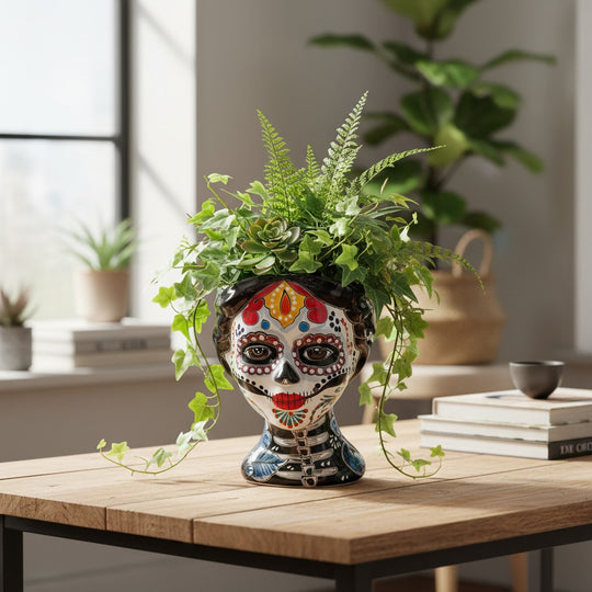 The Talavera Hub hand-painted ceramic Day of the Dead skull planter with colorful floral and skeleton details.