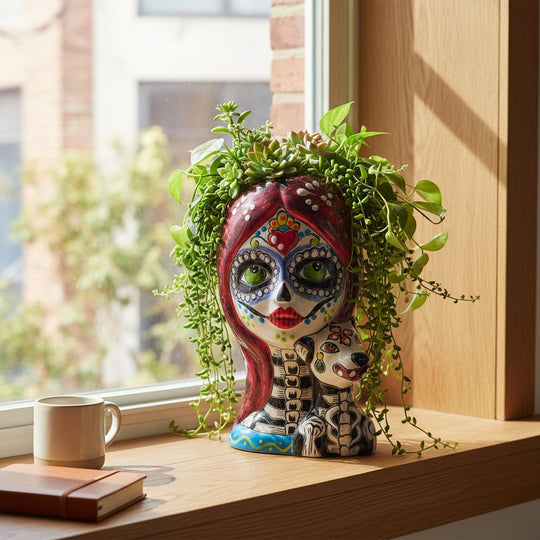 The Talavera Hub Lady Skull Planter with dog, hand-painted ceramic, Day of the Dead style, 9.5" tall.