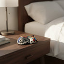 The Talavera Hub sleeping cat figurine, hand-painted ceramic with floral and skull motifs in vibrant colors, Mexican folk art decor.