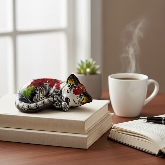 The Talavera Hub hand-painted ceramic sleeping cat figurine with floral motifs and Day of the Dead skull face.