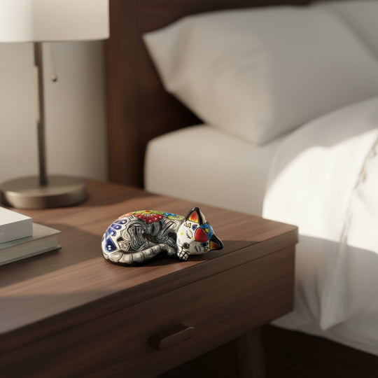 The Talavera Hub sleeping cat figurine, hand-painted ceramic with floral and skull motifs in vibrant colors, Mexican folk art decor.