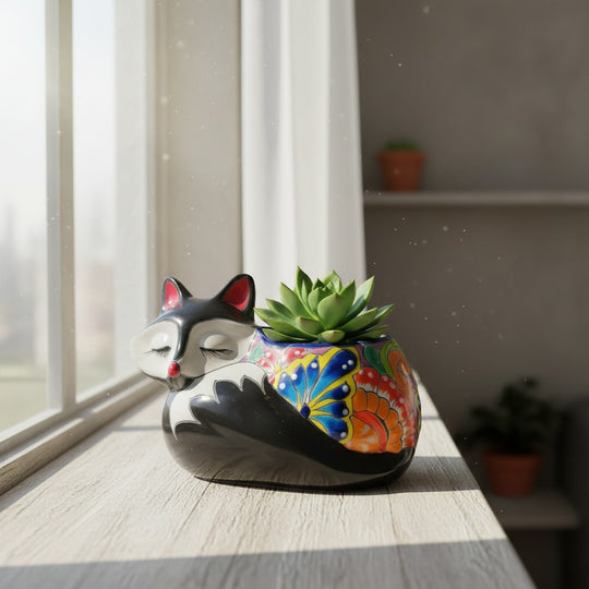 The Talavera Hub sleeping fox planter, hand-painted ceramic with vibrant floral patterns in blue, orange, and yellow. Holds a succulent.