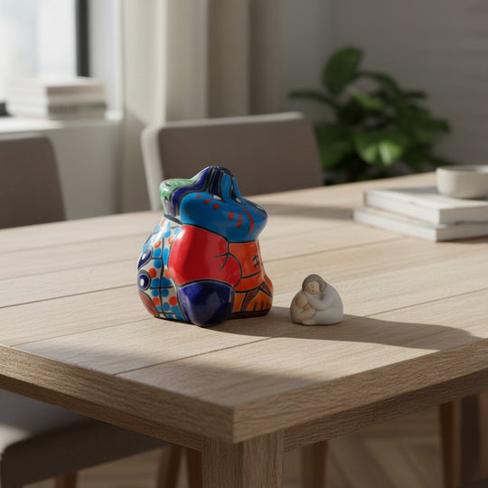 The Talavera Hub hand-painted ceramic Panchito figurine of a sleeping man, 3" tall, with vibrant blue, red, and orange Talavera patterns.